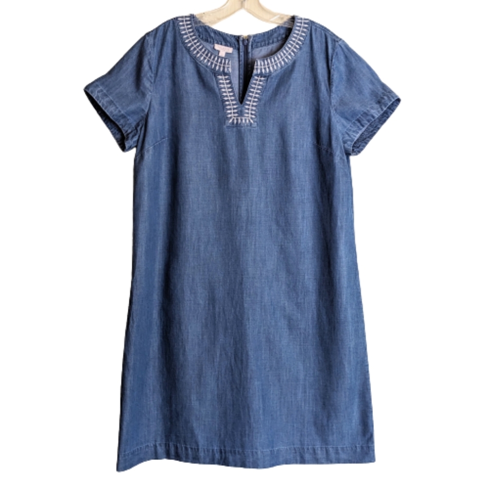 Talbots Blue Chambray Denim Shift Dress Embroidered Split Neckline Short…